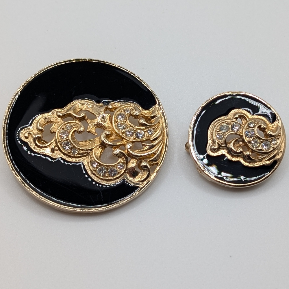 Vintage Sarah Coventry Brooch & Pin Set – Black Enamel & Rhinestones